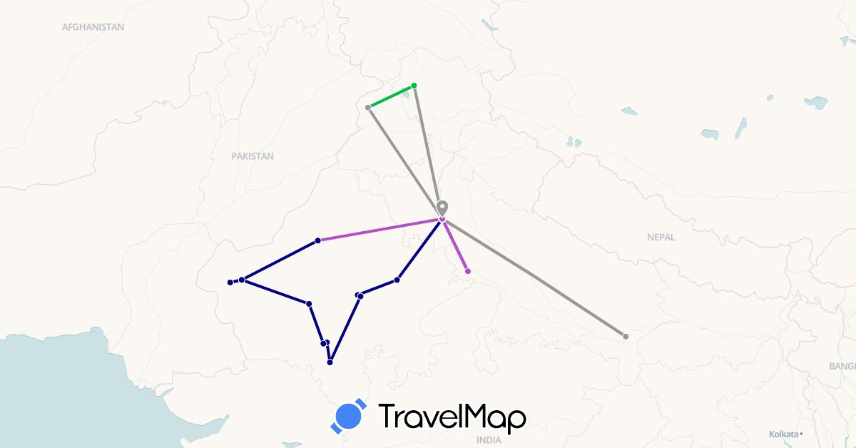 TravelMap itinerary: driving, bus, plane, train in India (Asia)